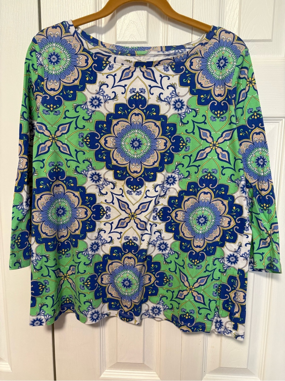 Talbots 100% Cotton Green & Blue Floral Medallion Boatneck Top